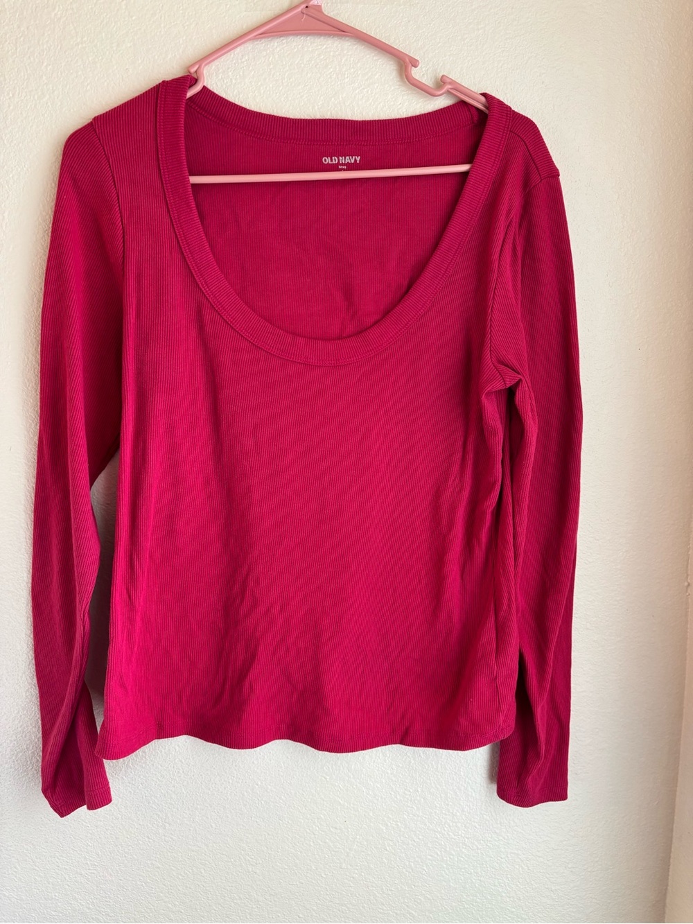 Old Navy Womens Large Pink Ribbed Long Sleeve Scoop Neck Stretch Casual Top